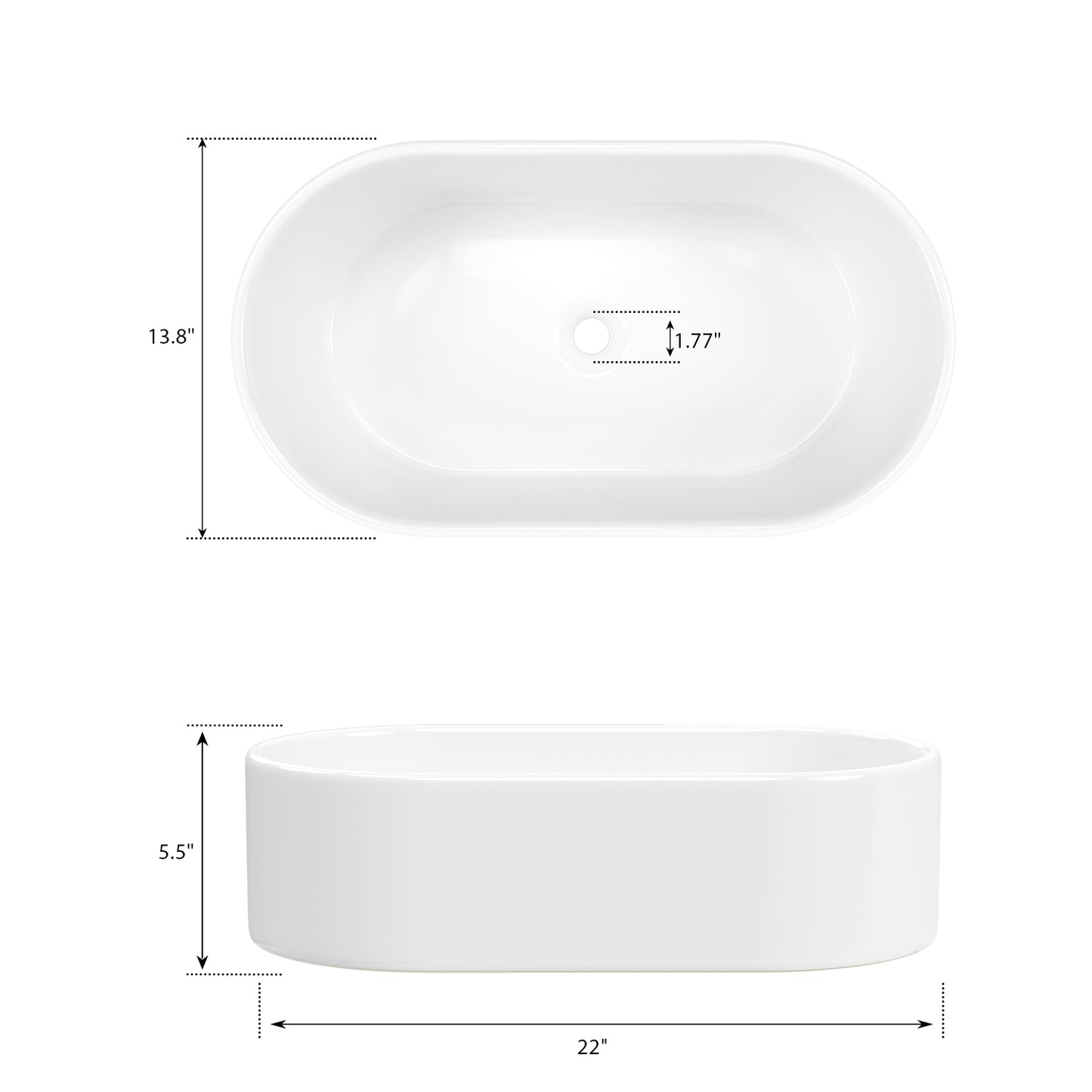 ELLAI Bathroom Vessel Sink Oval Bathroom Sink Bowl Above Counter Porcelain Ceramic Top Mount Oval Sink Countertop Art Basin for Bathroom 22"x13.8"x5.5" Glossy White