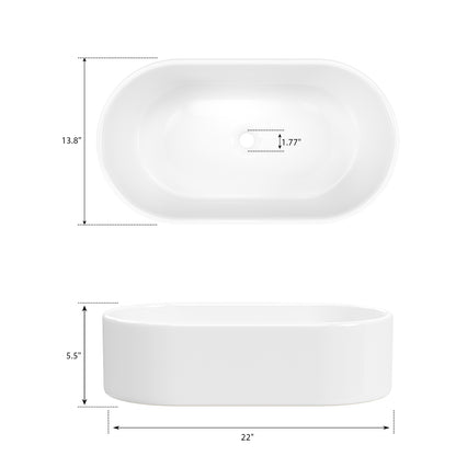 ELLAI Bathroom Vessel Sink Oval Bathroom Sink Bowl Above Counter Porcelain Ceramic Top Mount Oval Sink Countertop Art Basin for Bathroom 22"x13.8"x5.5" Glossy White