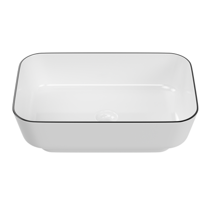 ELLAI Bathroom Vessel Sink Rectangle Bathroom Sink Bowl Above Counter Porcelain Ceramic Top Mount Rectanglar Sink Countertop Vanity Art Basin for Bathroom 19.7"x15.2"x5.4” Glossy White with Black Rim