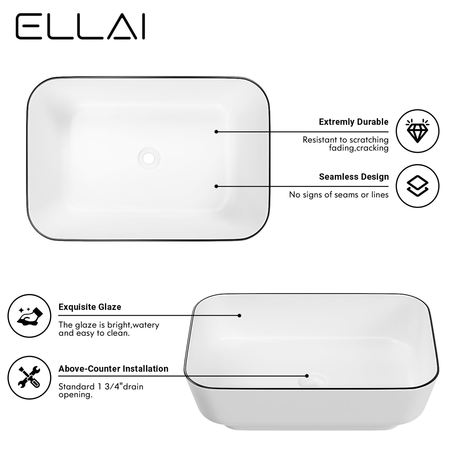 ELLAI Bathroom Vessel Sink Rectangle Bathroom Sink Bowl Above Counter Porcelain Ceramic Top Mount Rectanglar Sink Countertop Vanity Art Basin for Bathroom 19.7"x15.2"x5.4” Glossy White with Black Rim