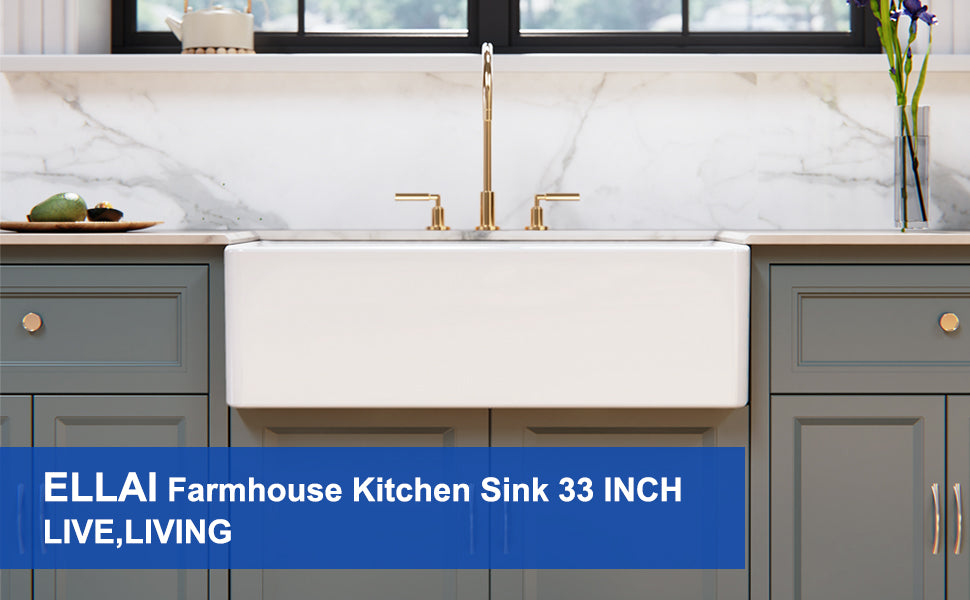 ELLAI Farmhouse Sink 33 Inch White Fireclay Apron Front Single Bowl Deep Drop In Kitchen Sink Undermount Farm Sink with Bottom Grid & Strainer, 33”x18”x10” Flat