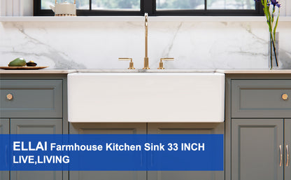 ELLAI Farmhouse Sink 33 Inch White Fireclay Apron Front Single Bowl Deep Drop In Kitchen Sink Undermount Farm Sink with Bottom Grid & Strainer, 33”x18”x10” Flat