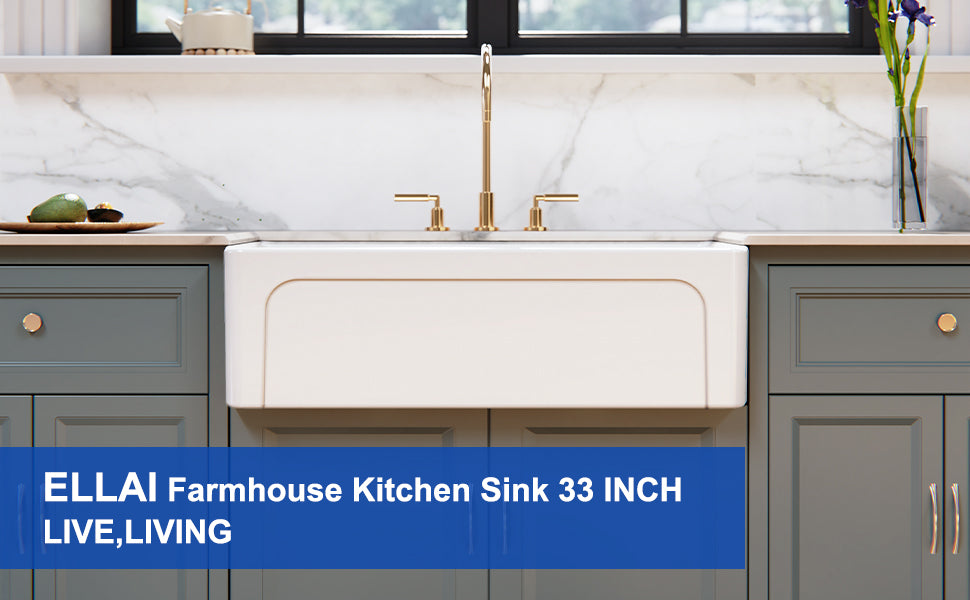 ELLAI Farmhouse Sink 33 Inch White Fireclay Apron Front Single Bowl Deep Drop In Kitchen Sink Undermount Farm Sink with Bottom Grid & Strainer, 33”x18”x10” Reversible