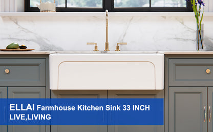 ELLAI Farmhouse Sink 33 Inch White Fireclay Apron Front Single Bowl Deep Drop In Kitchen Sink Undermount Farm Sink with Bottom Grid & Strainer, 33”x18”x10” Reversible