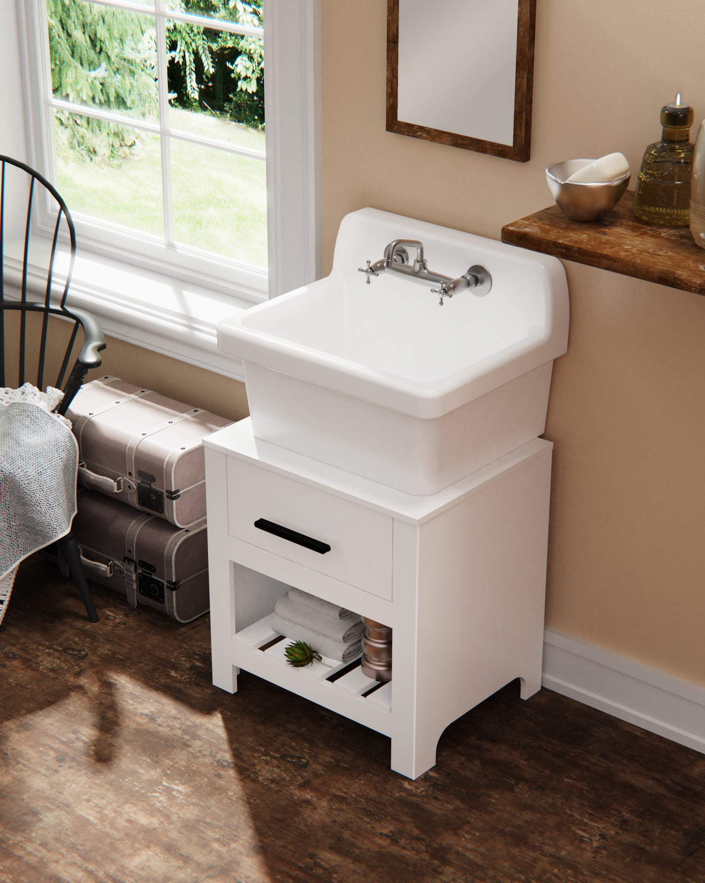 ELLAI Utility Sink Wood Solid Table Laundry Sink Table Freestanding Utility Tub for 24 inch Sink for Workshop, Laundry Room, Garage, Basement,Garden, Pet Wash Station, White 24”x19"x25"