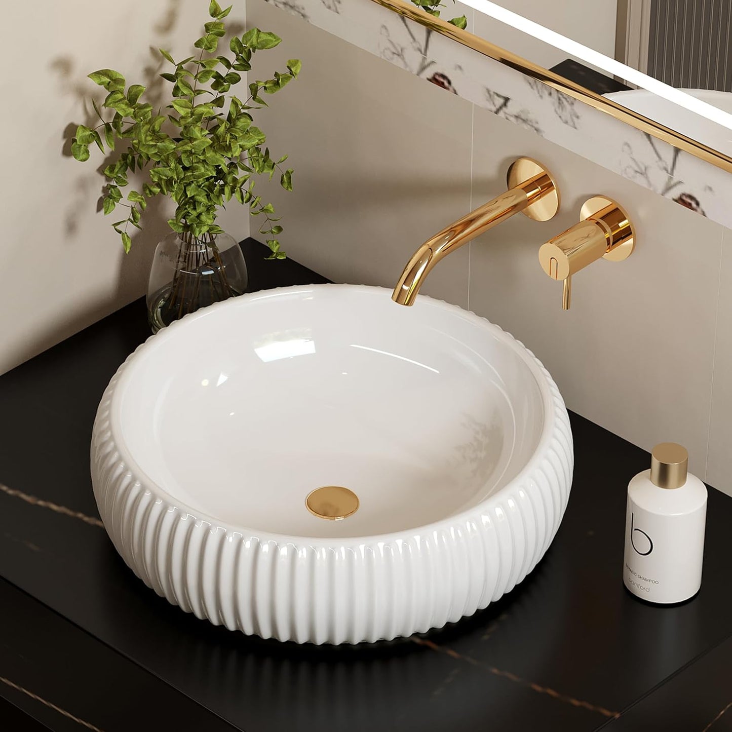 ELLAI  Bathroom Vessel Sink 16.5"x4.9" Round Glossy White Vessel Sink with White Pop Up Drain, Bathroom Sink Above Counter, Ceramic Countertop Vessel Sink for Bathroom