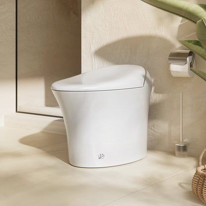 Sanita inteligente ELLAI com bidé integrado, altura confortável, modelo alongado, monobloco, com tampa de abertura/fecho automático, assento aquecido e descarga automática de 1,28 galões por descarga (GPF), em branco.