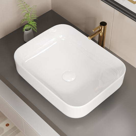 ELLAI Bathroom Vessel Sink 19.7"x15.2"x5.4" Rectangle Glossy White Vessel Sink with White Pop Up Drain, Bathroom Sink Above Counter, Ceramic Countertop Vessel Sink for Bathroom