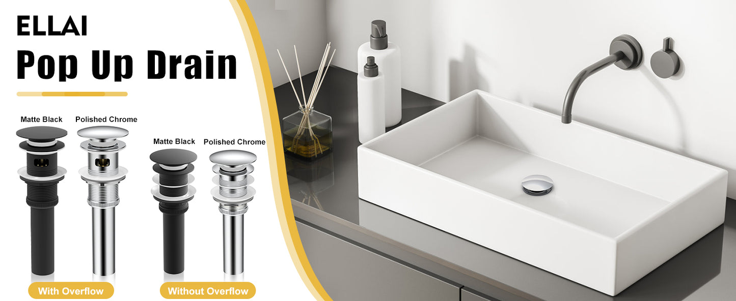 ELLAI Bathroom Sink Drain, Drain Stopper Bathroom Sink with Overflow, Pop Up Drain Brass and 304 Stainless Steel, Polished Chrome