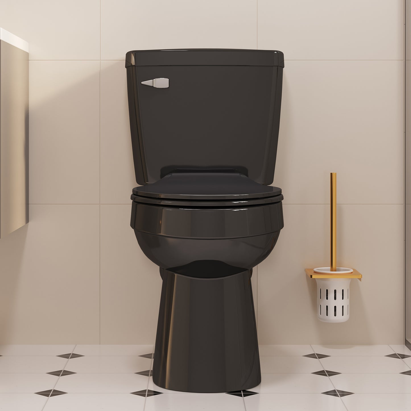 ELLAI Two Piece Elongated Toilets ADA Chair Comfort Height 16.5" Powerful Single Flush 1.28 GPF 12” Rough In with Side Trip Lever, Glossy Black 28.3"x17.2“x31"