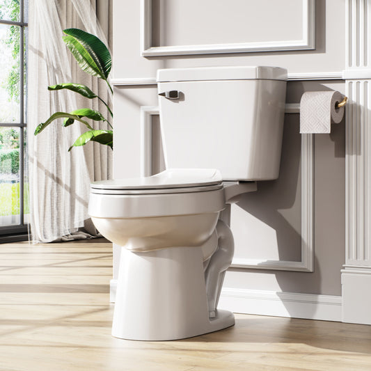 White 2-piece Elongated Toilet with Standard 12-in Rough-in , ELLAI Powerful Single Flush 1.28 GPF ADA Chair Height Toilet (Seat Included)