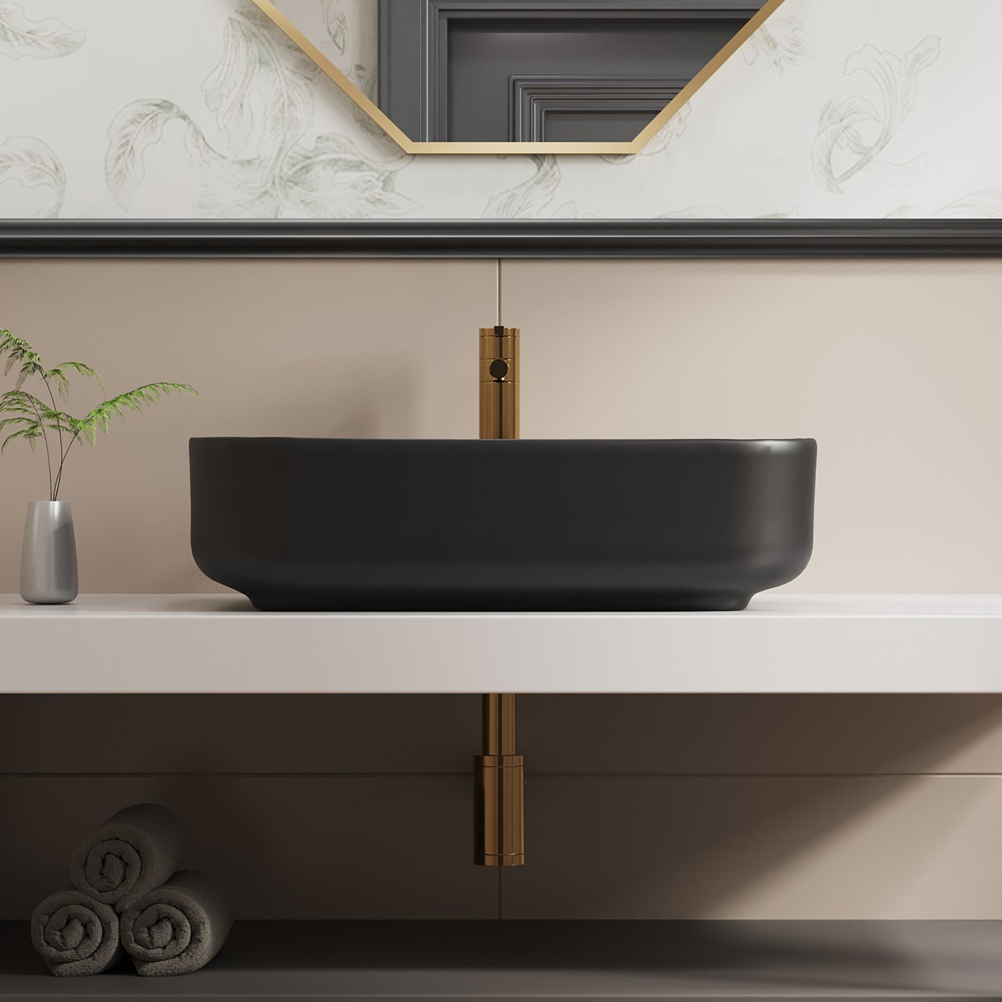 ELLAI Bathroom Vessel Sink 19.7"x15.2"x5.4" Rectangle Matte Black Vessel Sink with Black Pop Up Drain, Bathroom Sink Above Counter, Ceramic Countertop Vessel Sink for Bathroom