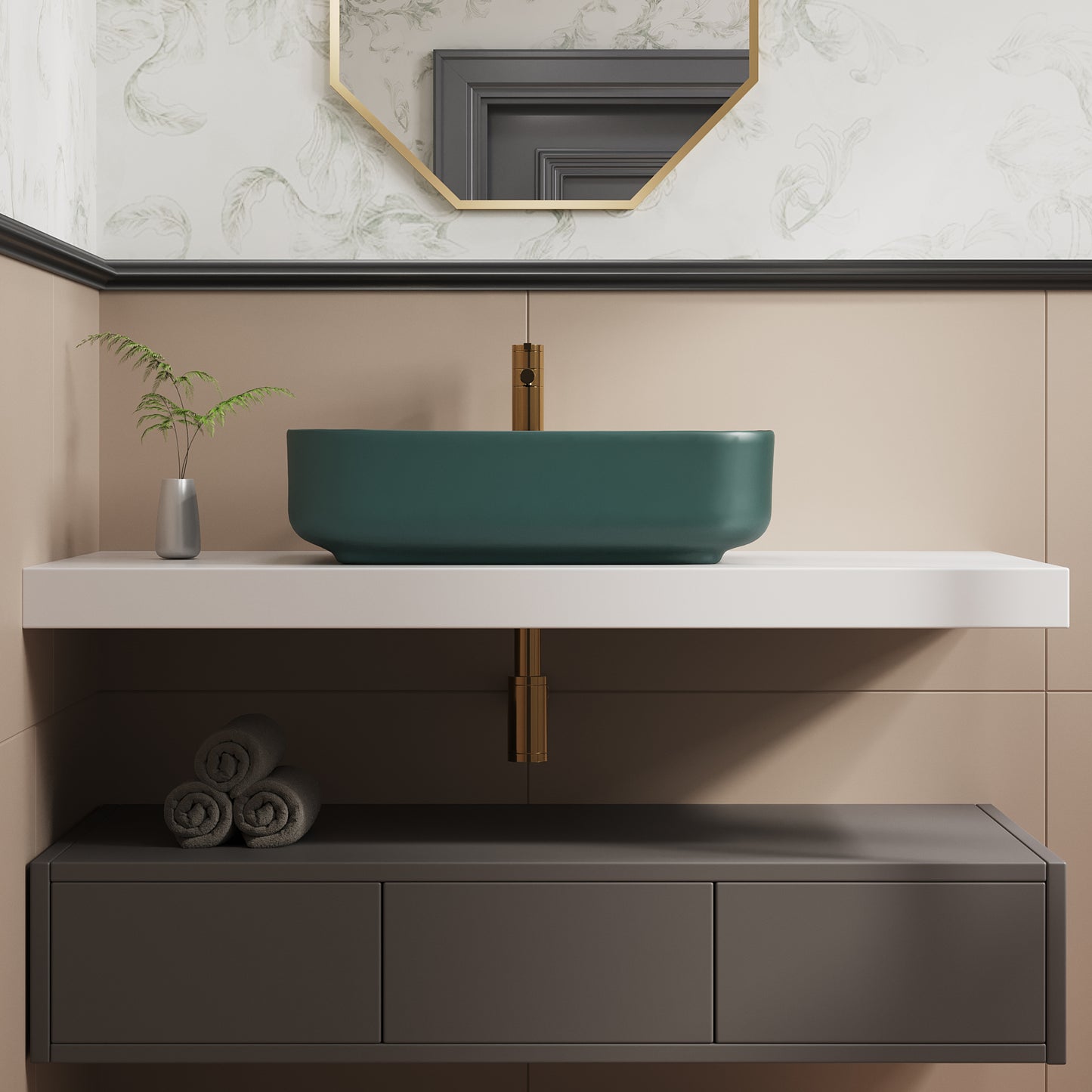 ELLAI Bathroom Vessel Sink Rectangle Bathroom Sink Bowl Above Counter Porcelain Ceramic Top Mount Rectanglar Sink Countertop Vanity Art Basin for Bathroom 19.7"x15.2"x5.4” Dark Green