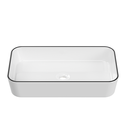 ELLAI Bathroom Vessel Sink Rectangle Bathroom Sink Bowl Above Counter Porcelain Ceramic Top Mount Rectanglar Sink Countertop Vanity Art Basin for Bathroom 24"x13.2"x4.3” Glossy White with Black Rim