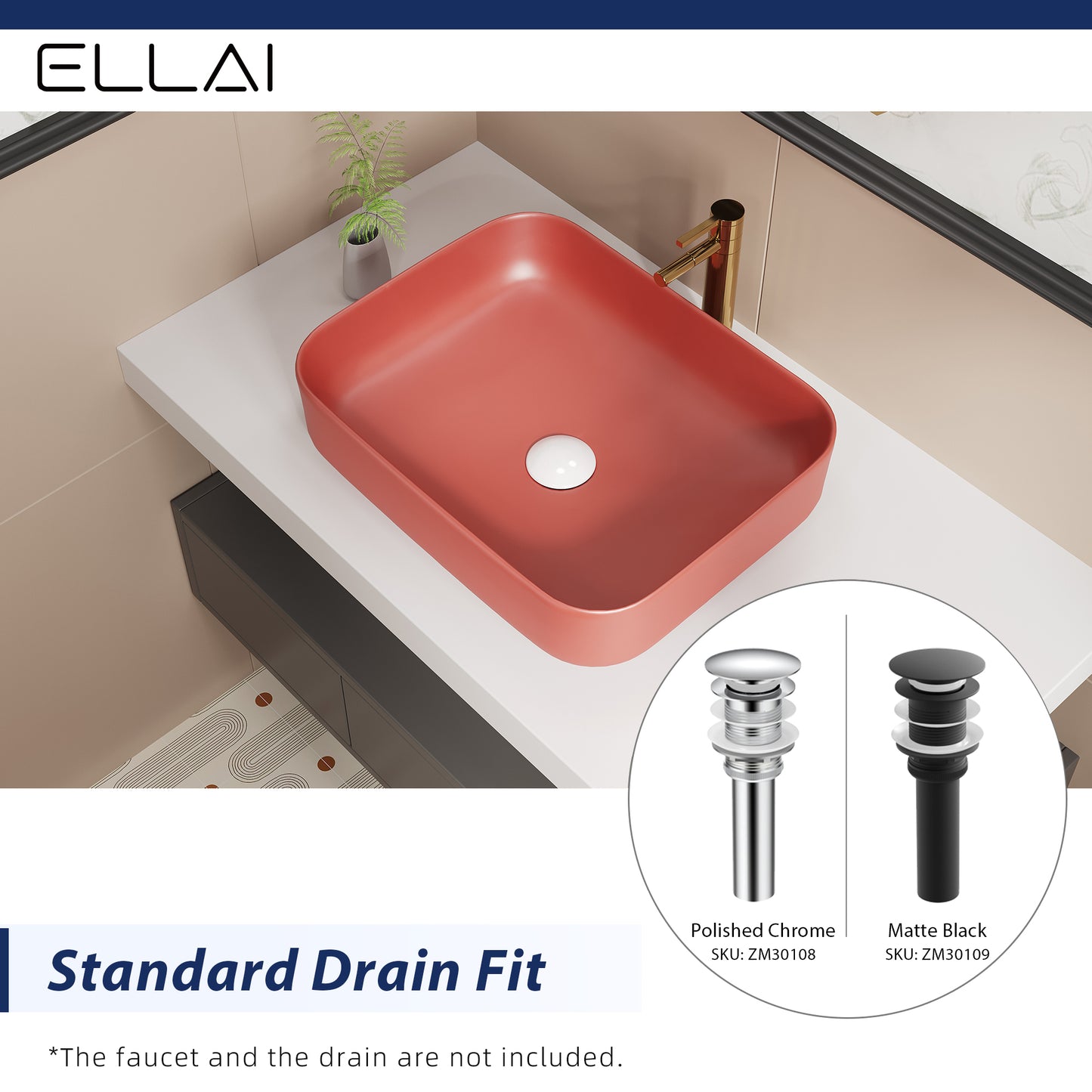 ELLAI Bathroom Vessel Sink Rectangle Bathroom Sink Bowl Above Counter Porcelain Ceramic Top Mount Rectanglar Sink Countertop Vanity Art Basin for Bathroom 19.7"x15.2"x5.4” Red