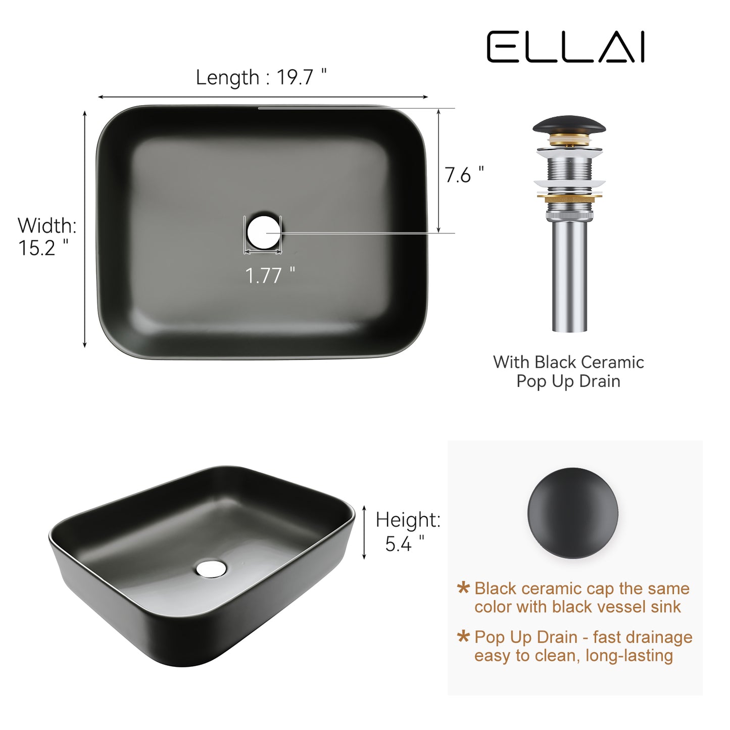 ELLAI Bathroom Vessel Sink 19.7"x15.2"x5.4" Rectangle Matte Black Vessel Sink with Black Pop Up Drain, Bathroom Sink Above Counter, Ceramic Countertop Vessel Sink for Bathroom