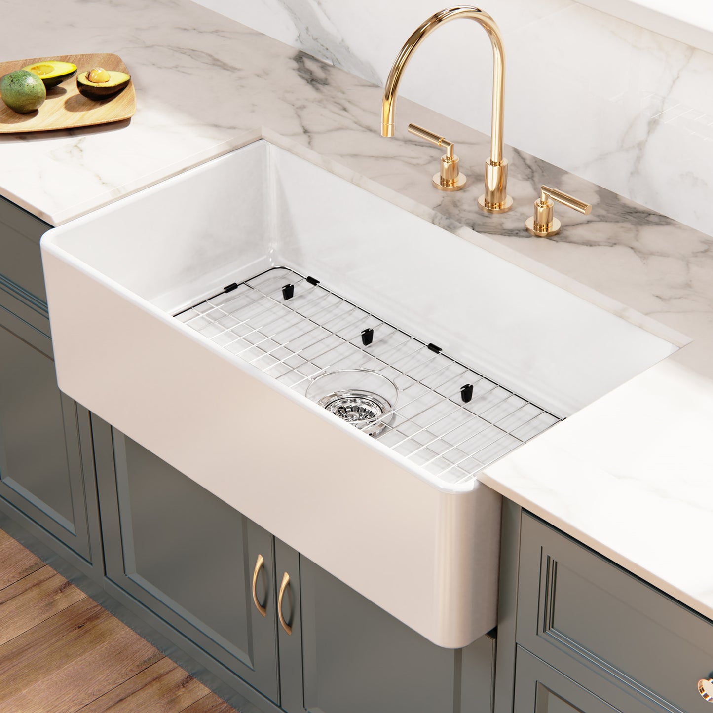 ELLAI Farmhouse Sink 33 Inch White Fireclay Apron Front Single Bowl Deep Drop In Kitchen Sink Undermount Farm Sink with Bottom Grid & Strainer, 33”x18”x10” Flat