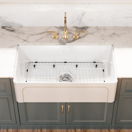 ELLAI Farmhouse Sink 33 Inch White Fireclay Apron Front Single Bowl Deep Drop In Kitchen Sink Undermount Farm Sink with Bottom Grid & Strainer, 33”x18”x10” Reversible