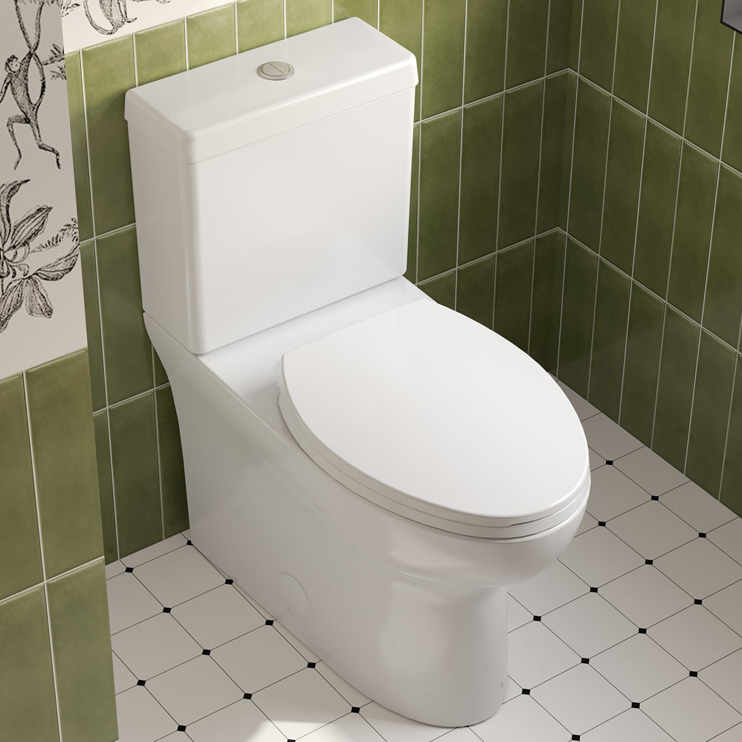 ELLAI Elongated Two Pieces Toilets with Comfortable Chair Seat Height ADA 17" and soft-closing seat, Dual Power Flush Toilet 1.1/1.6 GPF, 12'' Rough In, Top Chrome Button, White