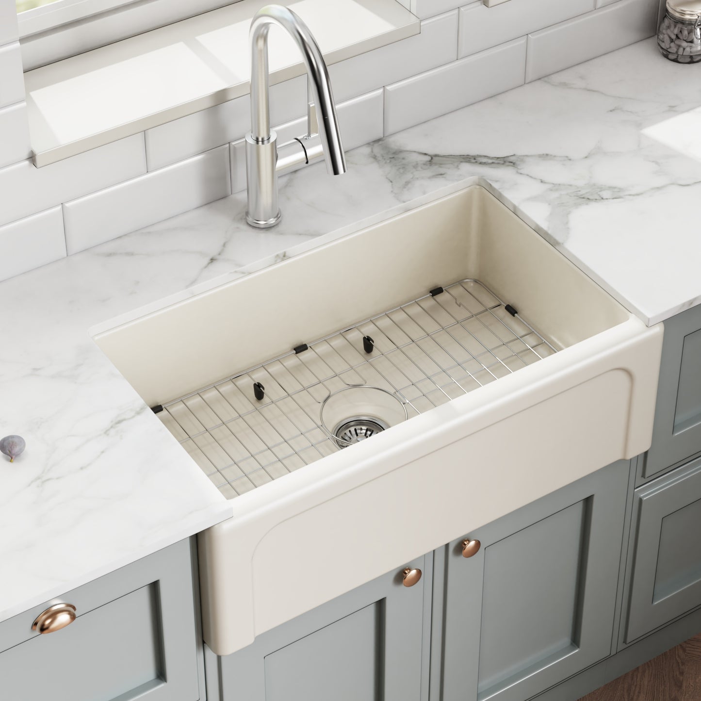 ELLAI Farmhouse Sink 30 Inch Fireclay Apron Front Single Bowl Deep Drop In Kitchen Sink Undermount Farm Sink with Bottom Grid & Strainer, 30”x18”x10” Reversible