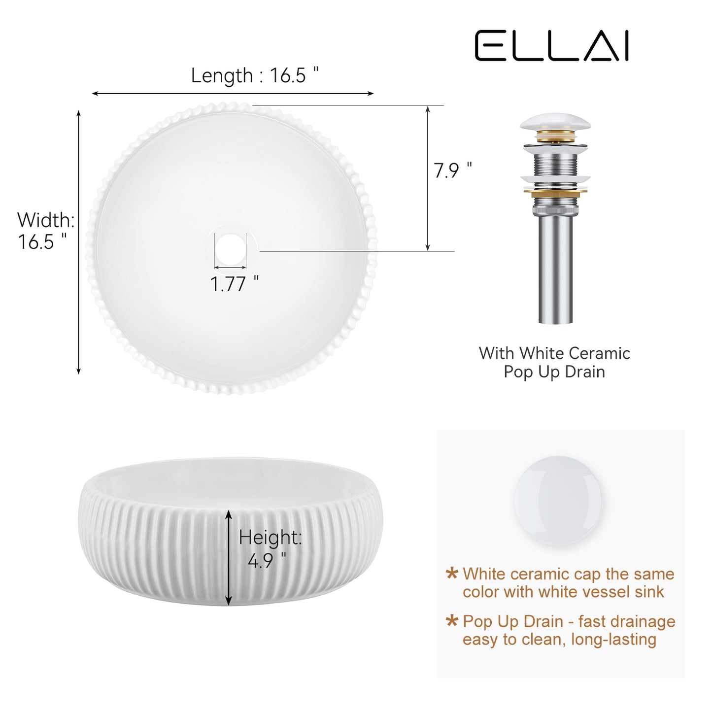 ELLAI Bathroom Vessel Sink 16.5"x4.9" Round Glossy White Vessel Sink with White Pop Up Drain, Bathroom Sink Above Counter, Ceramic Countertop Vessel Sink for Bathroom