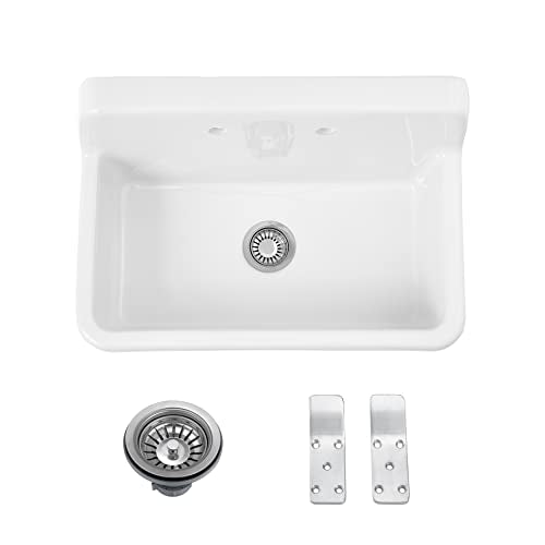 ELLAI 30 Inch White Wall Mount Utility Sink High Back Wall Mounted Ceramic Laundry Tub Slop Sink for Laundry Room, Garage, Kitchen, Basement 30" x 19" x 18"