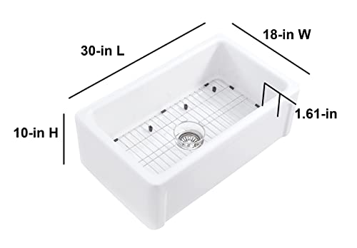 ELLAI Farmhouse Sink 30 Inch Fireclay Apron Front Single Bowl Deep Drop In Kitchen Sink Undermount Farm Sink with Bottom Grid & Strainer, 30”x18”x10” Reversible