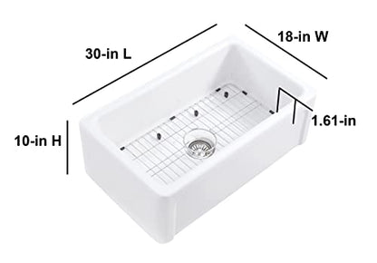 ELLAI Farmhouse Sink 30 Inch Fireclay Apron Front Single Bowl Deep Drop In Kitchen Sink Undermount Farm Sink with Bottom Grid & Strainer, 30”x18”x10” Reversible