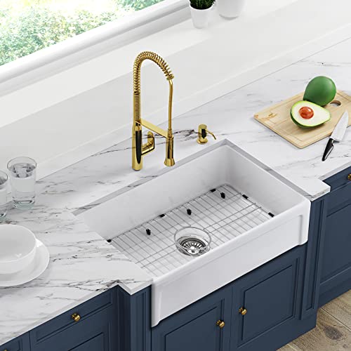 ELLAI Farmhouse Sink 30 Inch Fireclay Apron Front Single Bowl Deep Drop In Kitchen Sink Undermount Farm Sink with Bottom Grid & Strainer, 30”x18”x10” Reversible