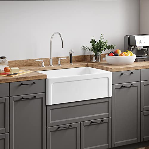 ELLAI Farmhouse Sink 30 Inch Fireclay Apron Front Single Bowl Deep Drop In Kitchen Sink Undermount Farm Sink with Bottom Grid & Strainer, 30”x18”x10” Reversible