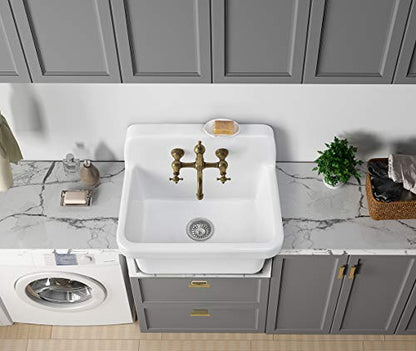 ELLAI 24 Inch White Ceramic Farm Style Wall Mount Utility Sink High Back Wall Mounted Laundry Tub 10 Gallon Farmhouse Sink Slop Sink for Laundry Room, Garage, Kitchen, Bathroom 24" x 19" x 16.5"