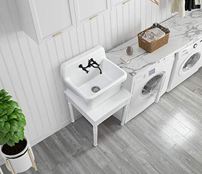 ELLAI 24 Inch White Ceramic Farm Style Wall Mount Utility Sink High Back Wall Mounted Laundry Tub 10 Gallon Farmhouse Sink Slop Sink for Laundry Room, Garage, Kitchen, Bathroom 24" x 19" x 16.5"