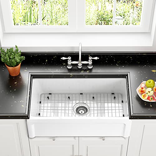 ELLAI Farmhouse Sink 30 Inch Fireclay Apron Front Single Bowl Deep Drop In Kitchen Sink Undermount Farm Sink with Bottom Grid & Strainer, 30”x18”x10” Reversible