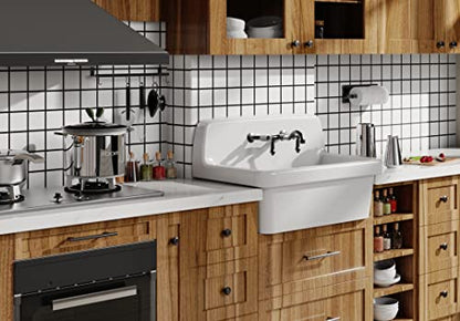 ELLAI 30 Inch White Wall Mount Utility Sink High Back Wall Mounted Ceramic Laundry Tub Slop Sink for Laundry Room, Garage, Kitchen, Basement 30" x 19" x 18"